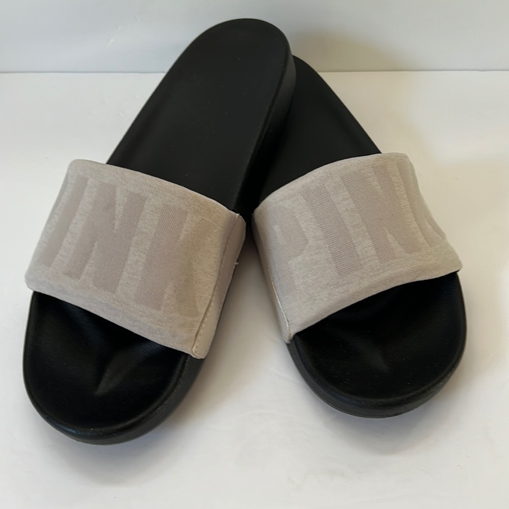 PINK Slides Light Beige Stretch Straps Black Soles